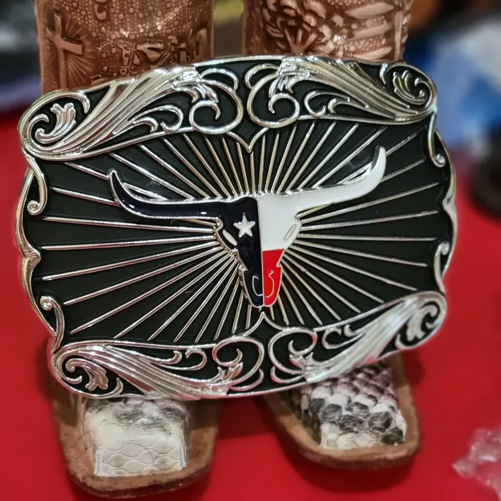 Longhorn Cowboy Belt Buckle Western Hebilla Rodeo Silver & Black
